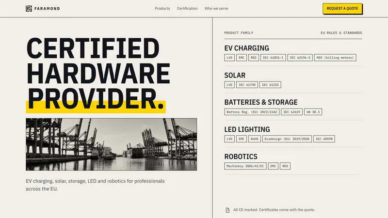 Page d'accueil de Faramond : titre « Certified hardware provider » souligné de jaune, photo de port et liste des familles de produits.
